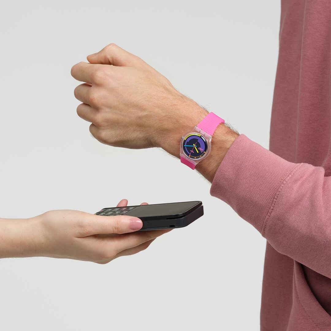 Life style view of product SWATCH NEON PINK PODIUM PAY!
